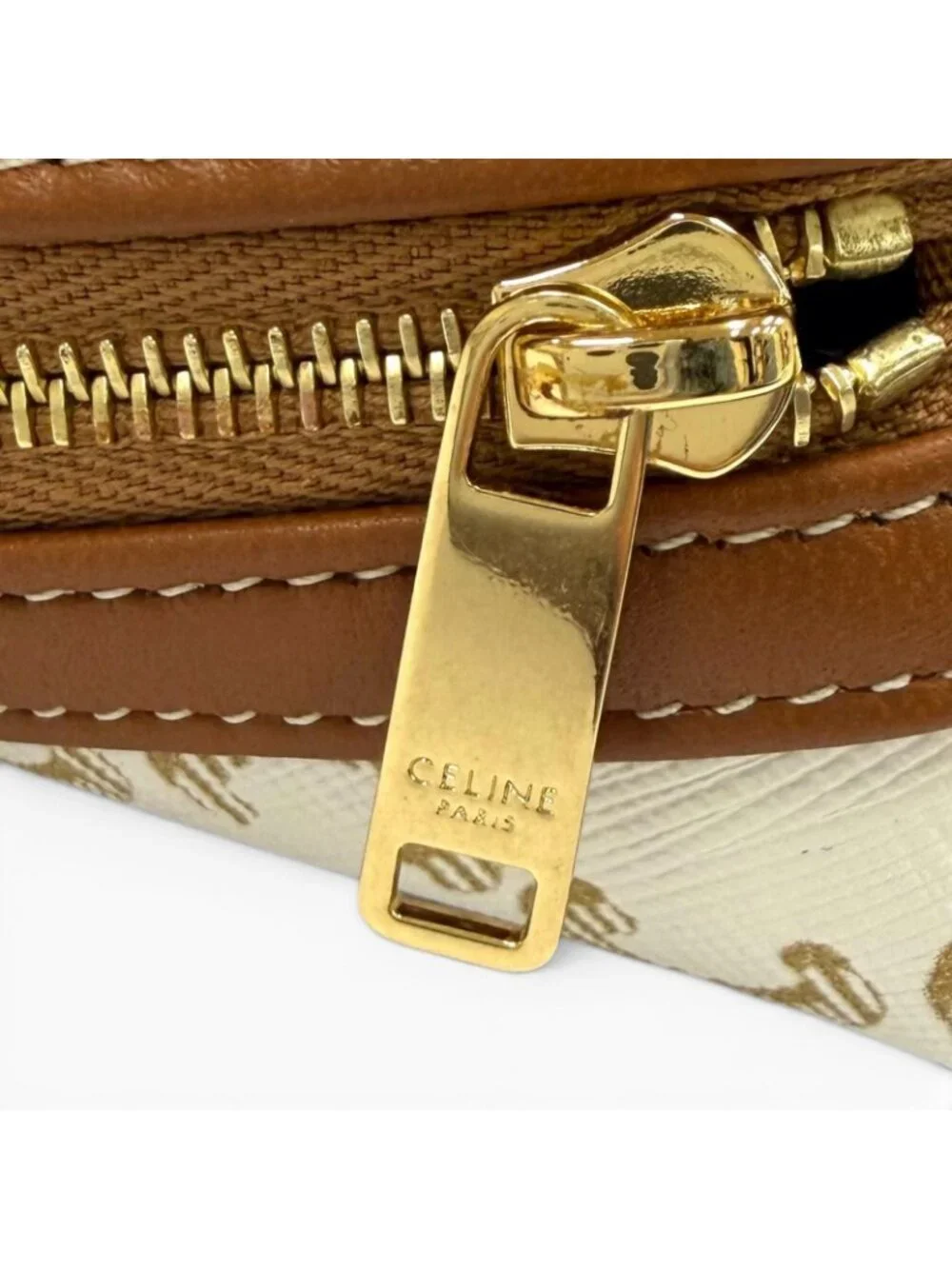 Celine Triomphe Canvas Logo Chain Clutch Shoulder Bag Off White Brown